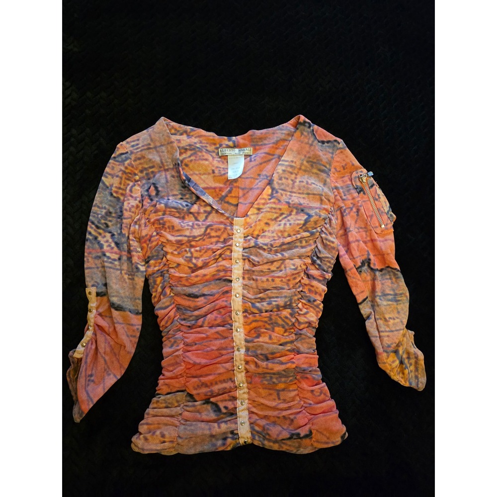 Alberto Makali Orange Abstract Ruched Studded Mesh Y2K Top Size S preppy unique